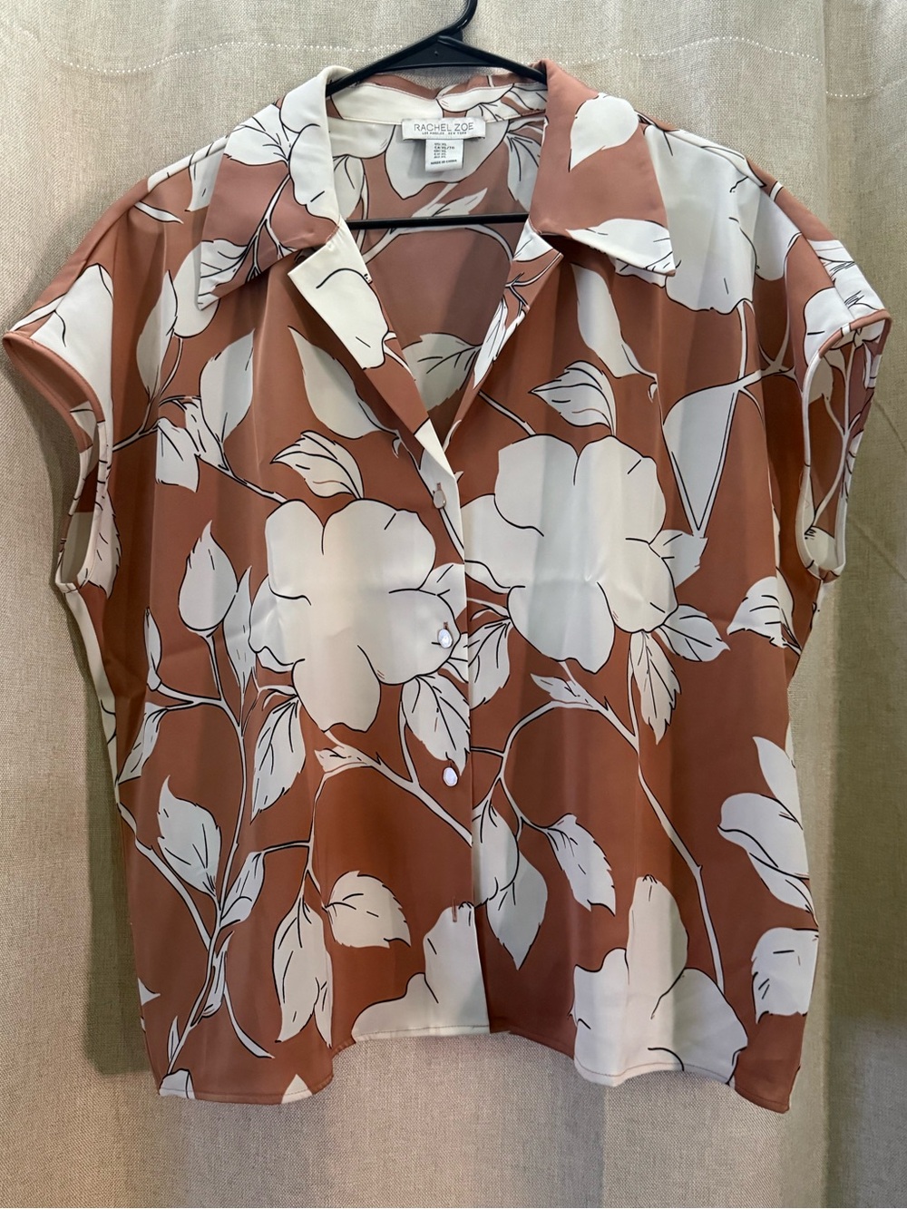 Rachel Zoe Rust and Cream Floral Camp-Collar Button Blouse